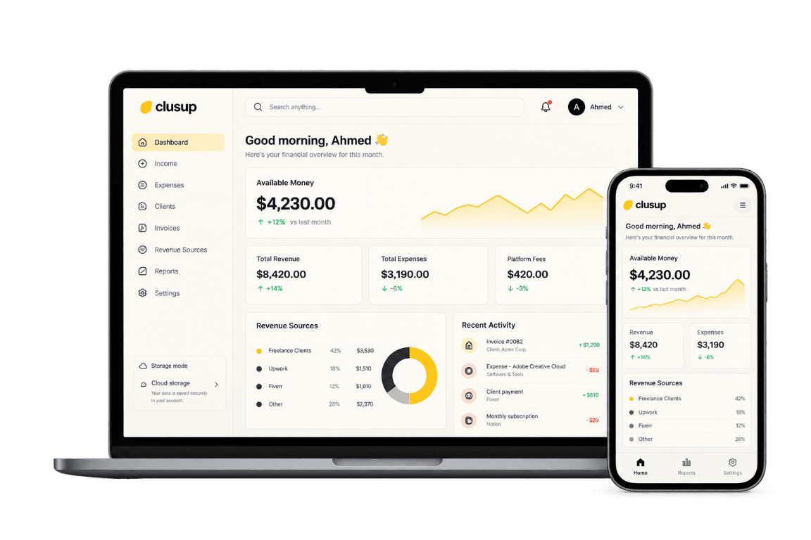 Clusup dashboard on a laptop and phone showing Available Money